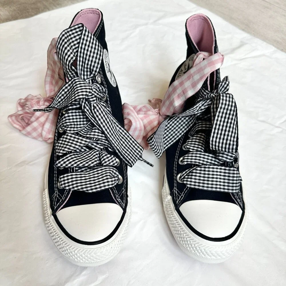 NEW Converse Women Shoes 8.5 Casual Black with Barbie PINK High Top Sneakers - Picture 4 of 9